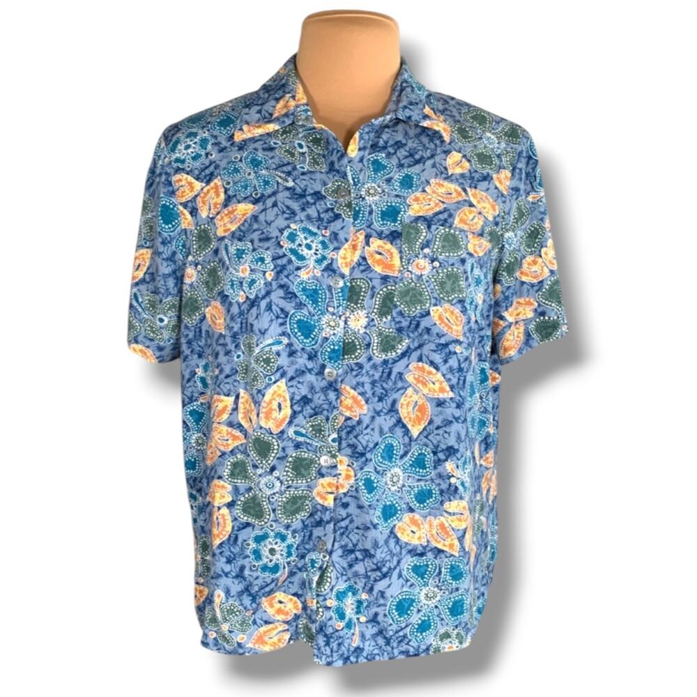Vintage Blue Floral Button Front Rayon Camp Shirt Tropical Batik Beach Vacation